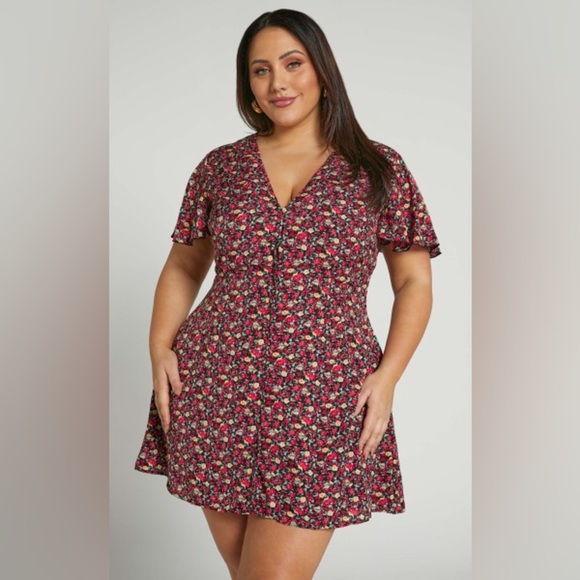 Showpo Maximum Potential Red & Black Floral Button Front Mini Sun Dress - Picture 1 of 13